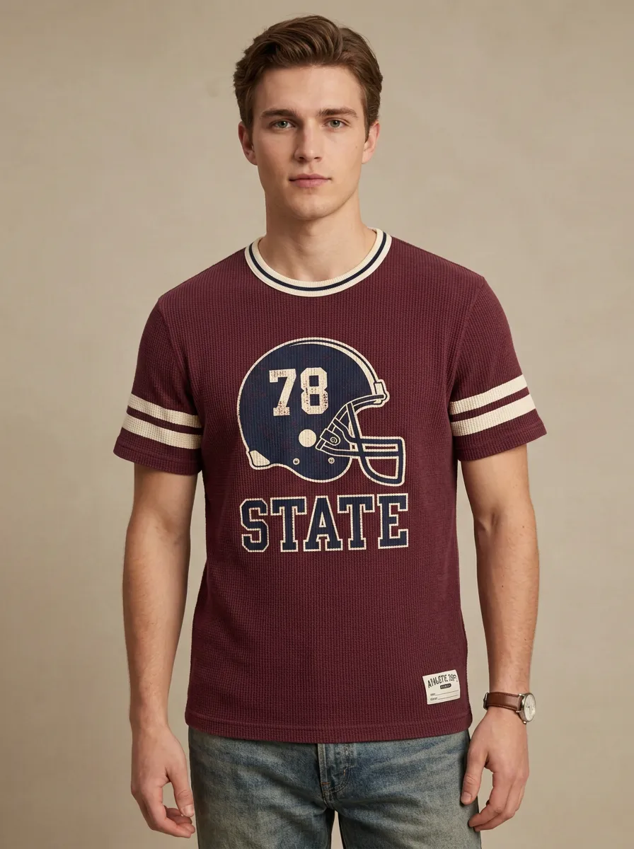 Men's Football Fan 78 State Helmet Printed Waffle T-shirt