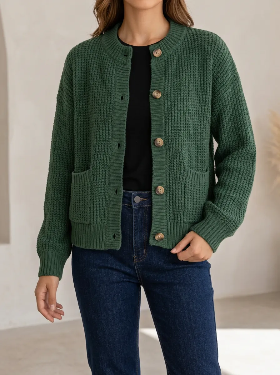 Women's Waffle Knit Button Front Crew Neck Cardigan
