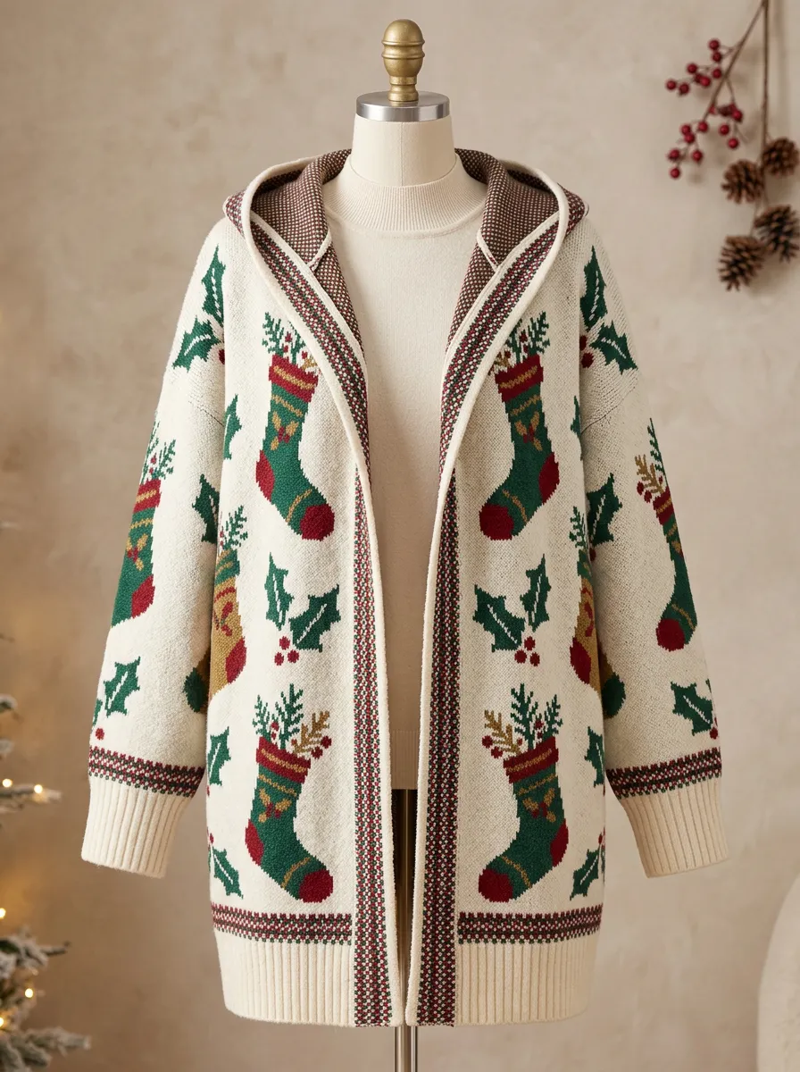 Christmas Holiday Stocking Holly Print Hooded Cardigan