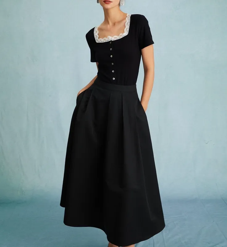 Black High Waist Pleated Midi Skirt