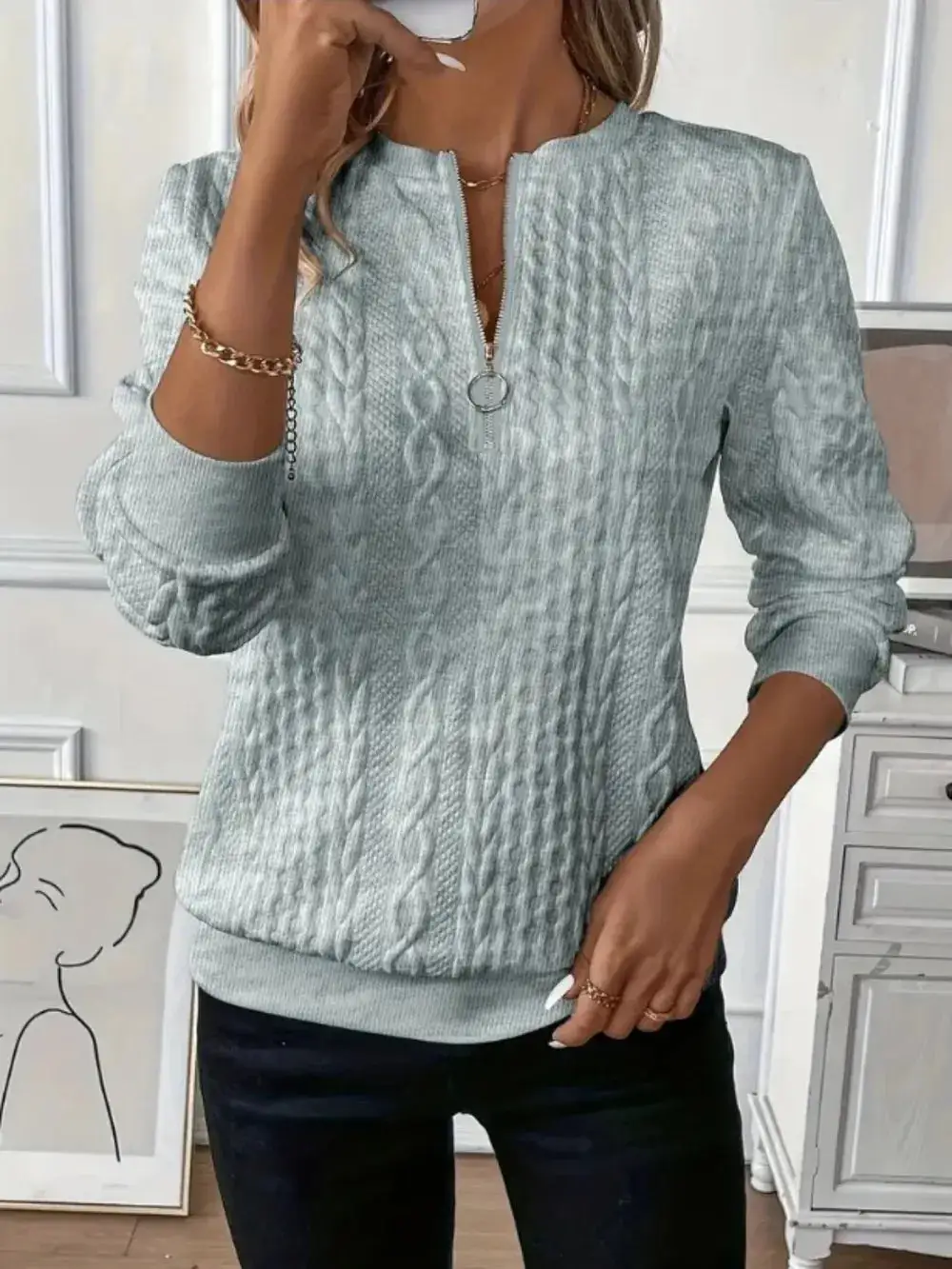 Texture Half Zip Long Sleeve Sweater