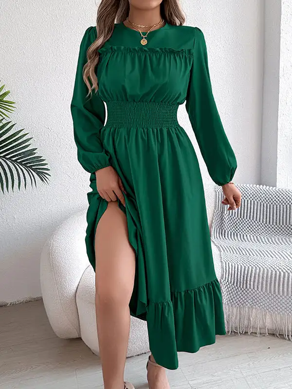 Elasticated Pleated Neck Maxi Dress