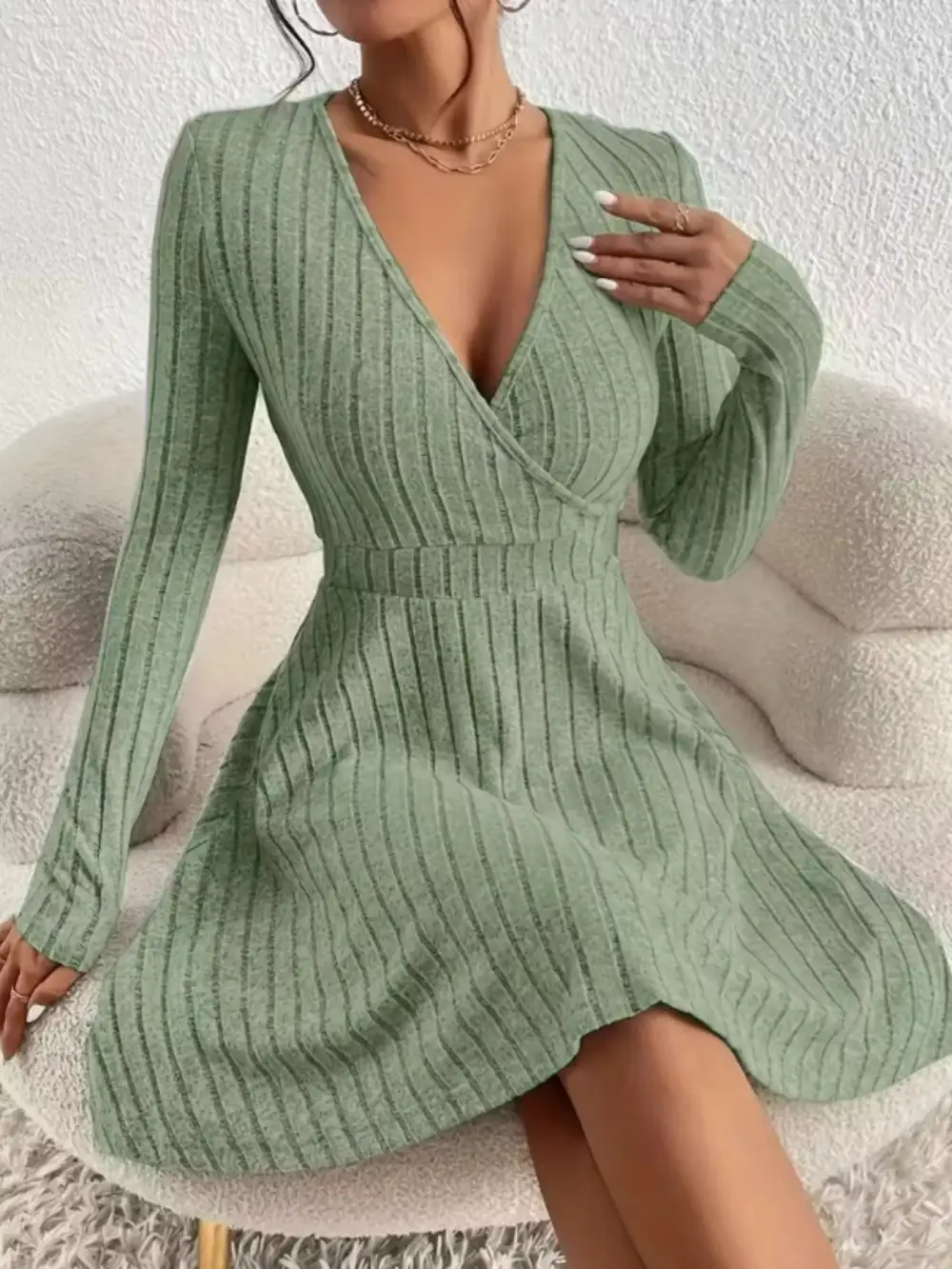 Ribbed Knit Wrap Mini Dress