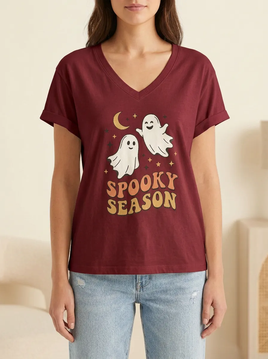 Women's Halloween Spooky Season Ghost Moon Stars Printed V-neck T-shirt