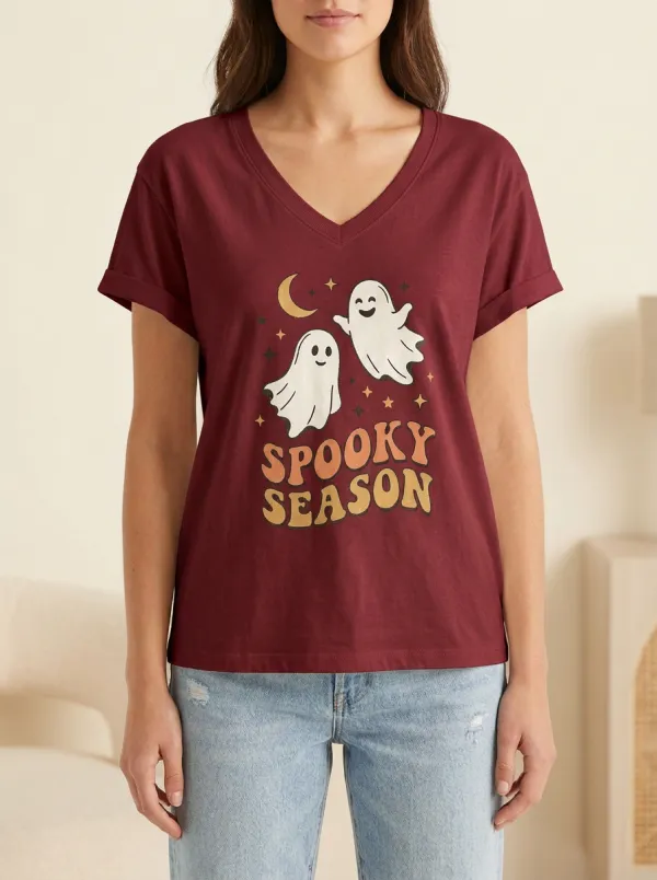 Women's Halloween Spooky Season Ghost Moon Stars Printed V-neck T-shirt