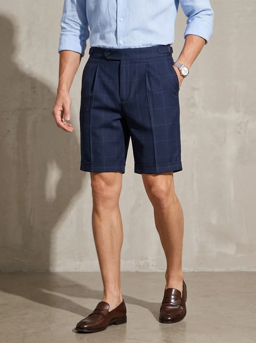 Men's Business Casual Navy Plaid Pleated Printed Shorts