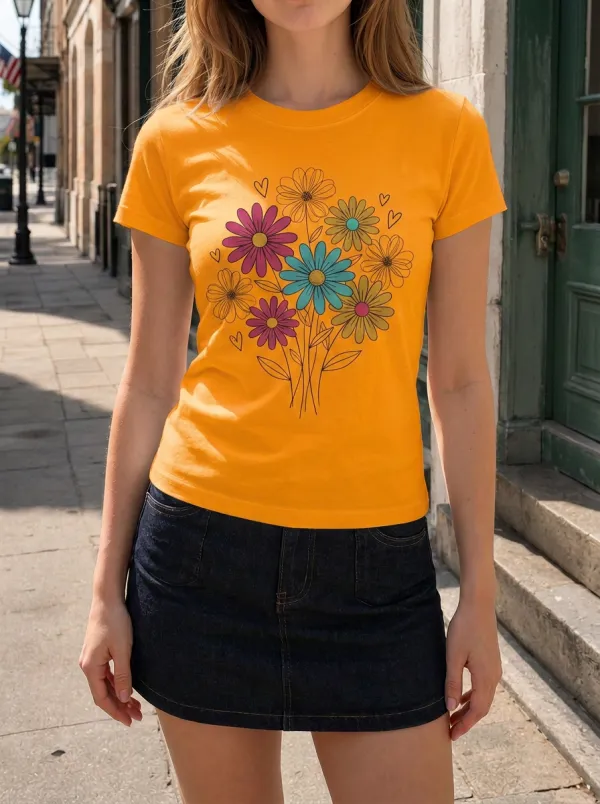 Women's Floral Lover Colorful Daisy Heart Printed T-shirt