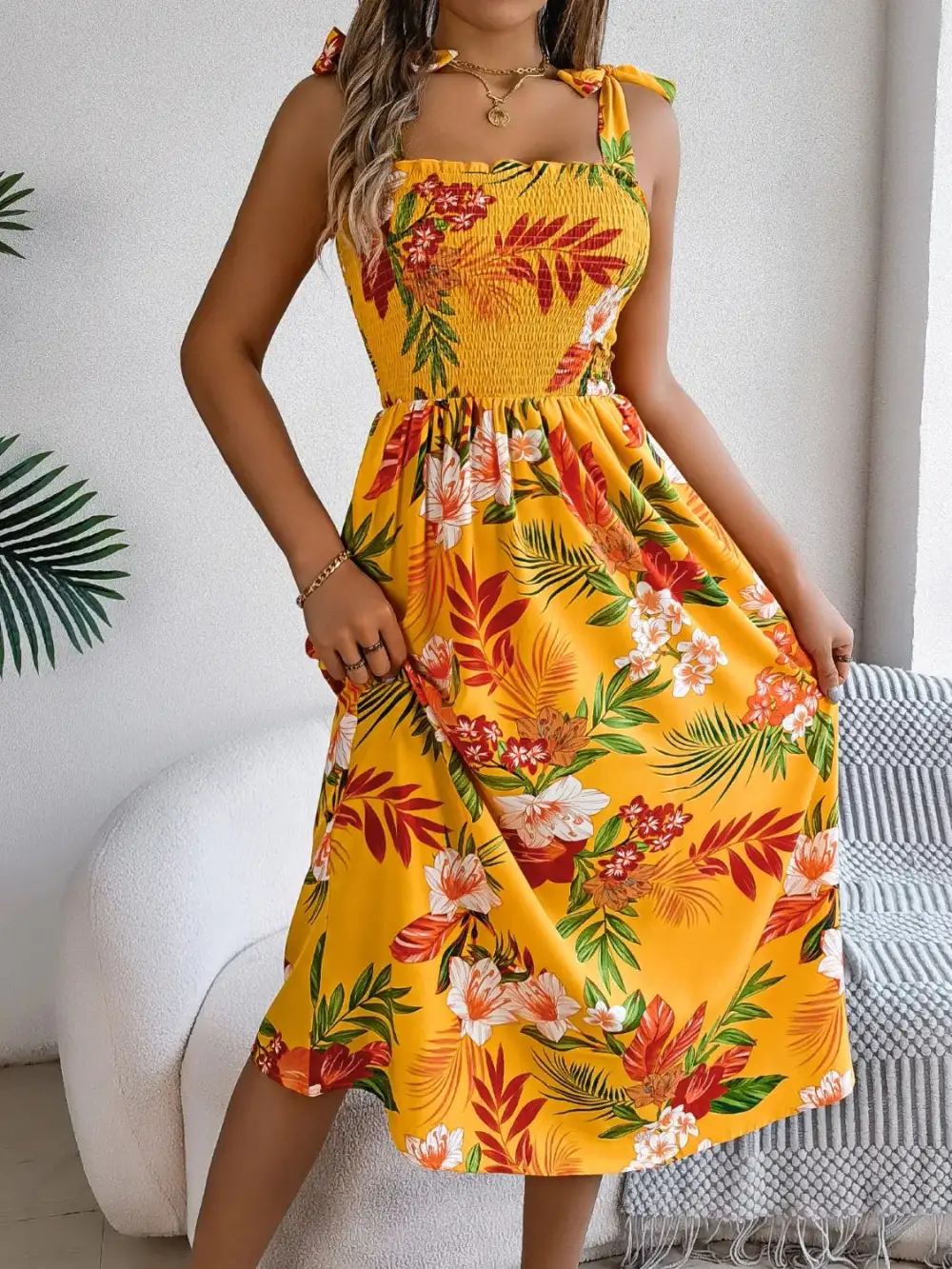 Smocked Floral Midi Dress