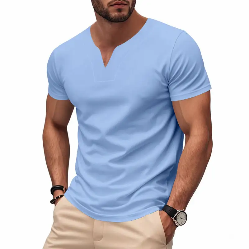 Men's Slim-Fit Short-Sleeve Shirt With Embedded V-notch And Decorative Stitching