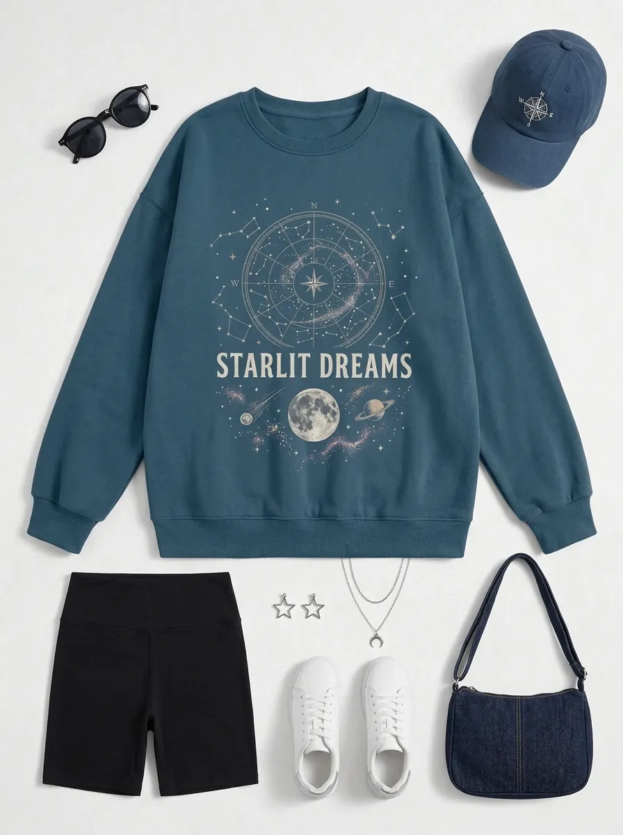 Women's Celestial Starlit Dreams Moon Constellation Printed T-shirt