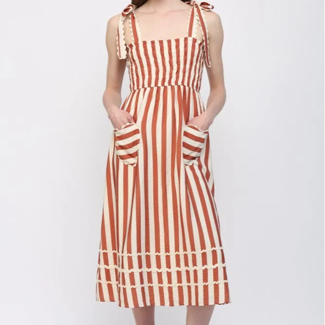 Striped Smocked Square Neck Dress