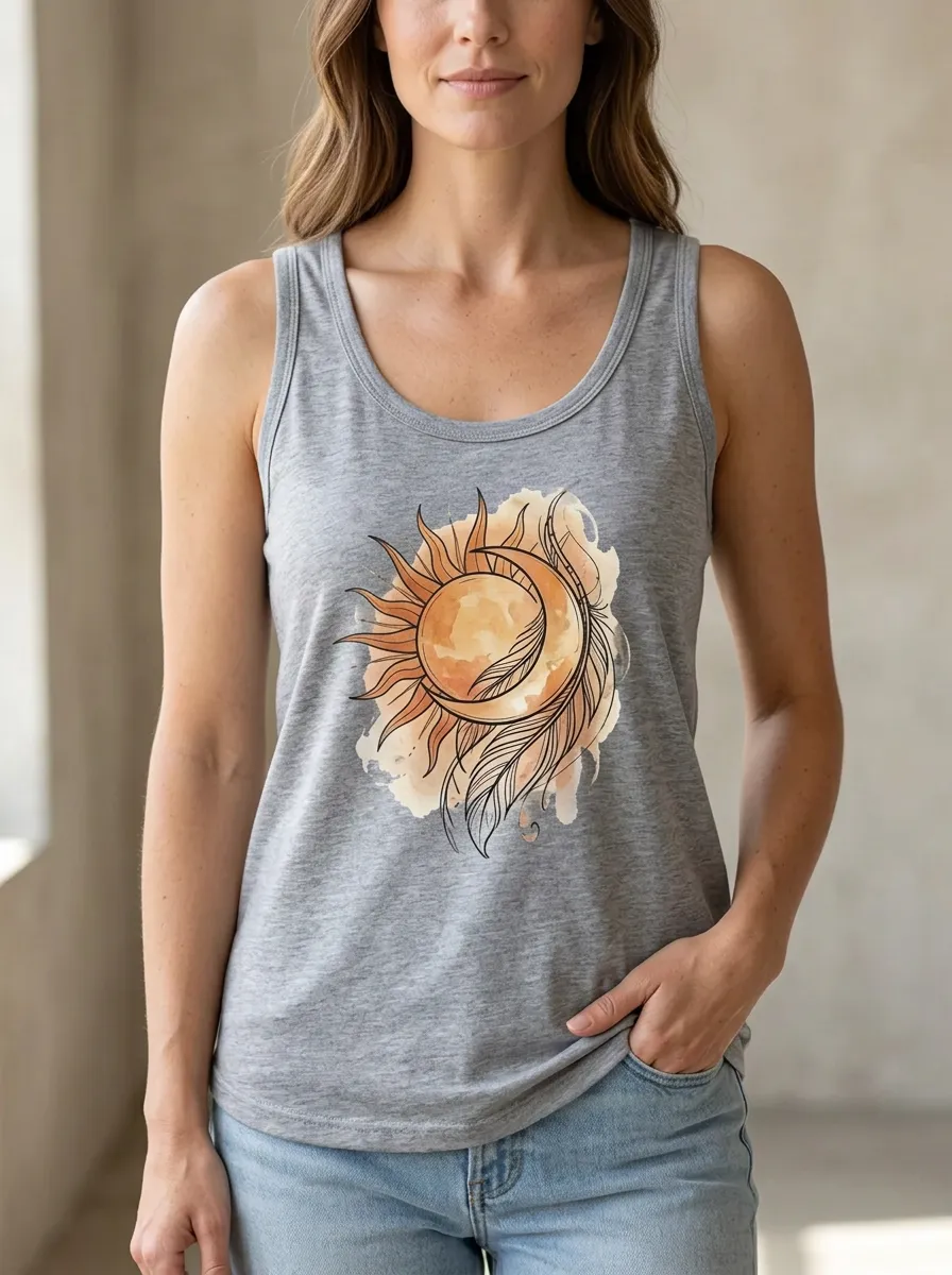 Women's Celestial Boho Sun Moon Feather Printed Tank Top