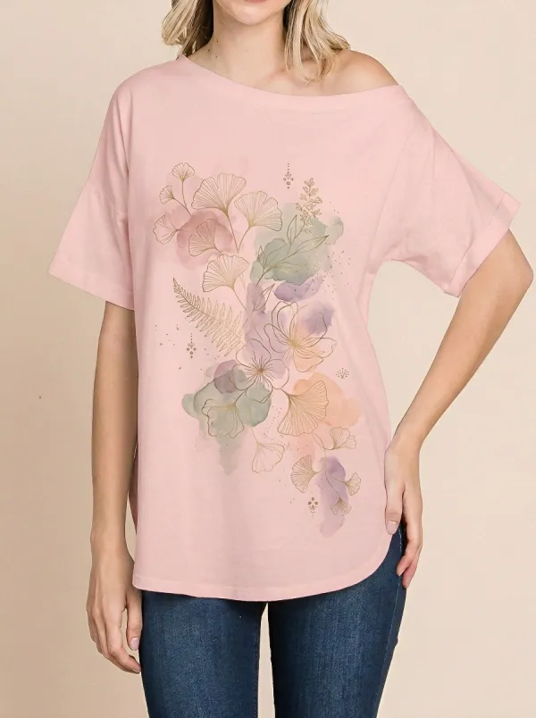 Women's Botanical Art Ginkgo Leaf Watercolor Printed T-shirt