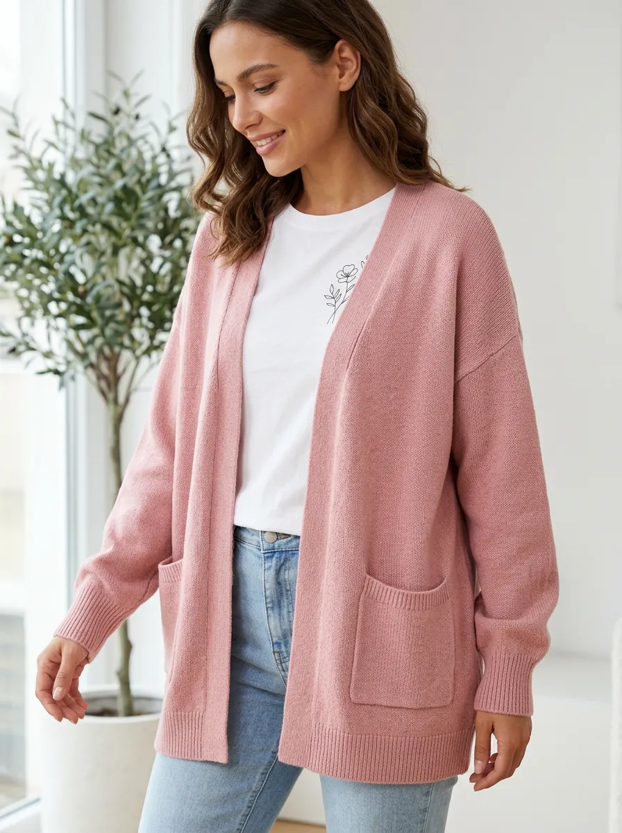 Pink Contemporary Floral Minimalist Line Art Print Cardigan