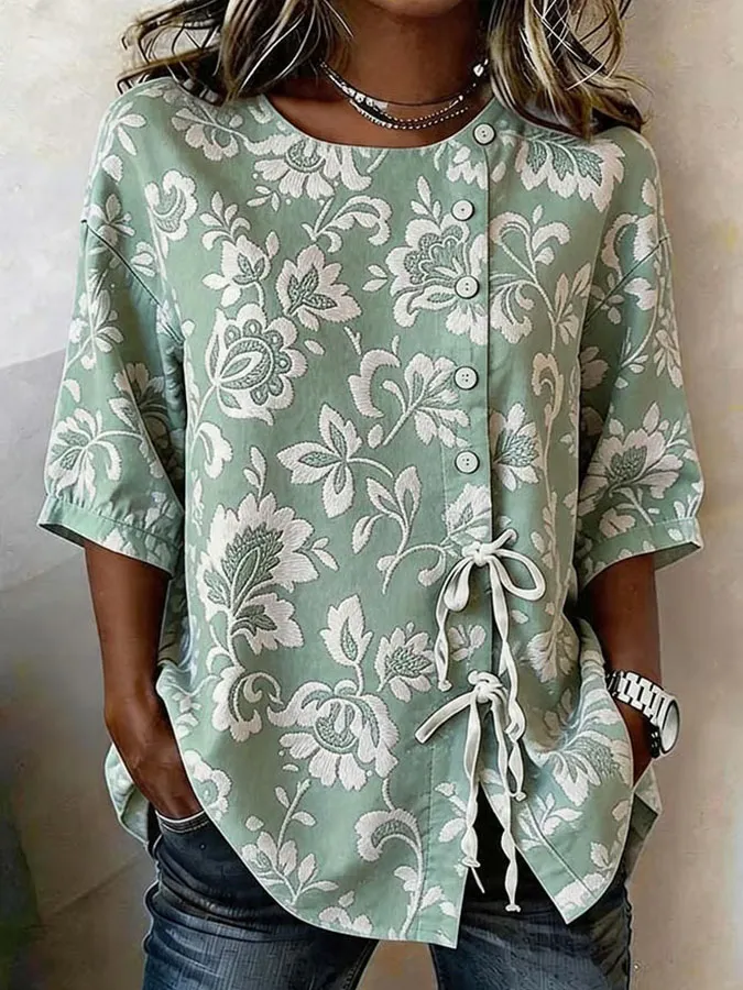 Women'S Cotton Linen Flower Art Printing Top