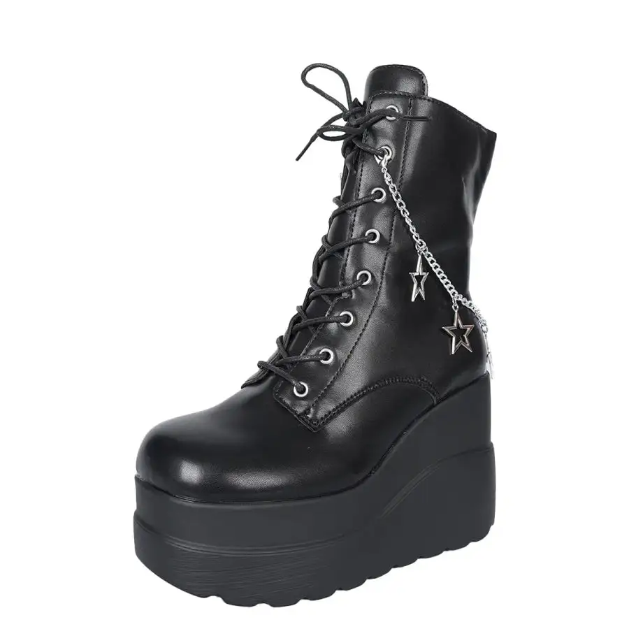 Textured Lace Up Platform Wedge Boots