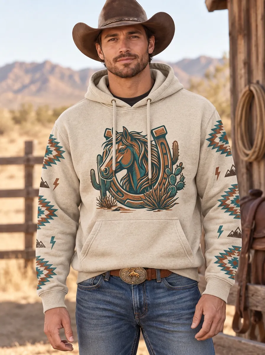 Men's Heritage Inspired Western Cowboy Horseshoe Horse Cactus Graphic Hoodie