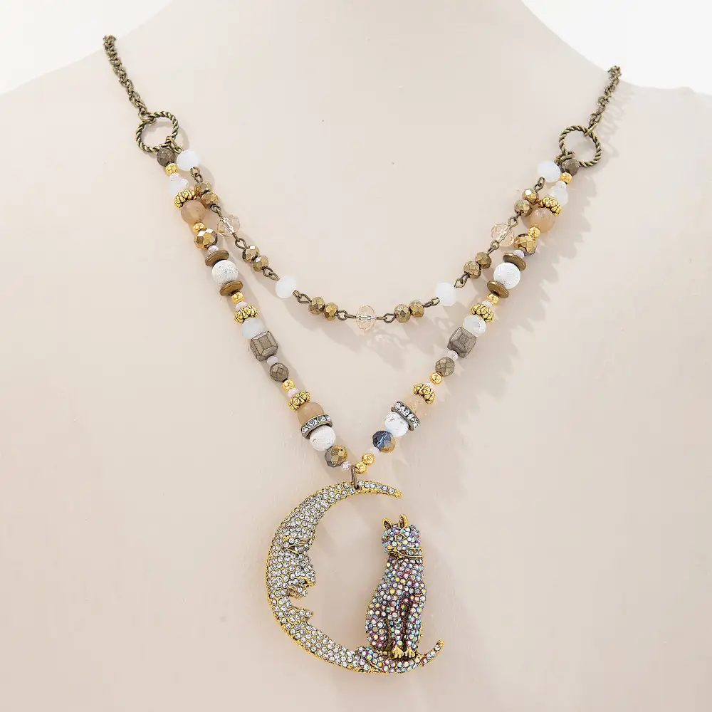 Crystal Textured Cat Double Strand Necklace