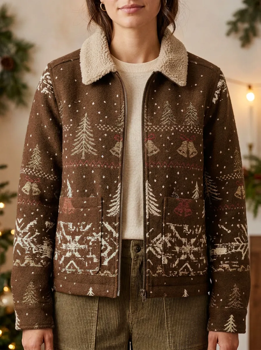 Christmas Holiday Tree Bell Pattern Print Sherpa Collar Jacket
