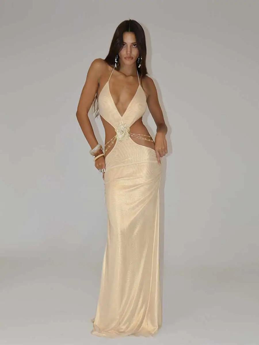 Simone Deep V Neck Backless Maxi Dress
