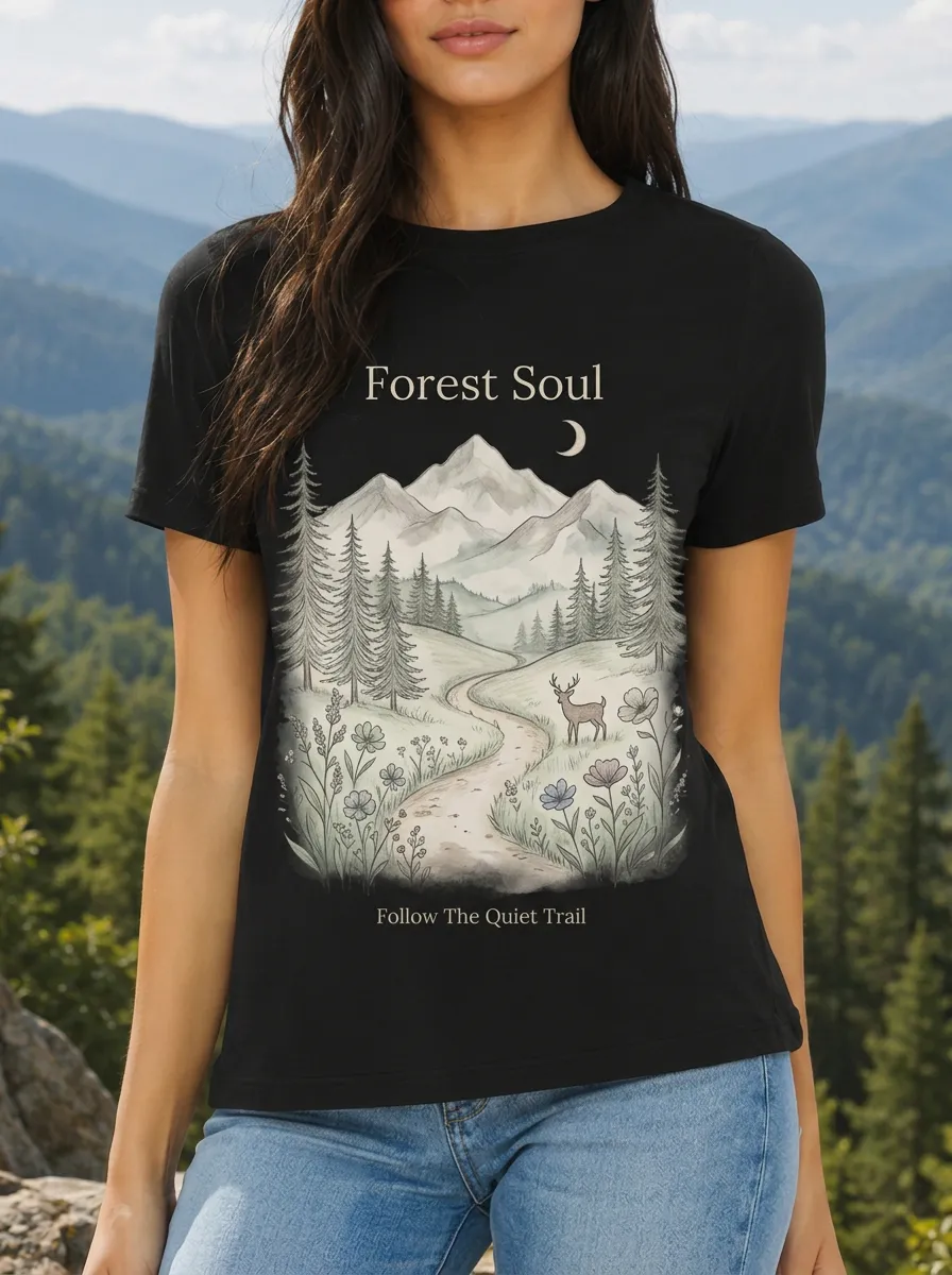 Women's Nature Lover Forest Soul Deer Mountain Printed T-shirt