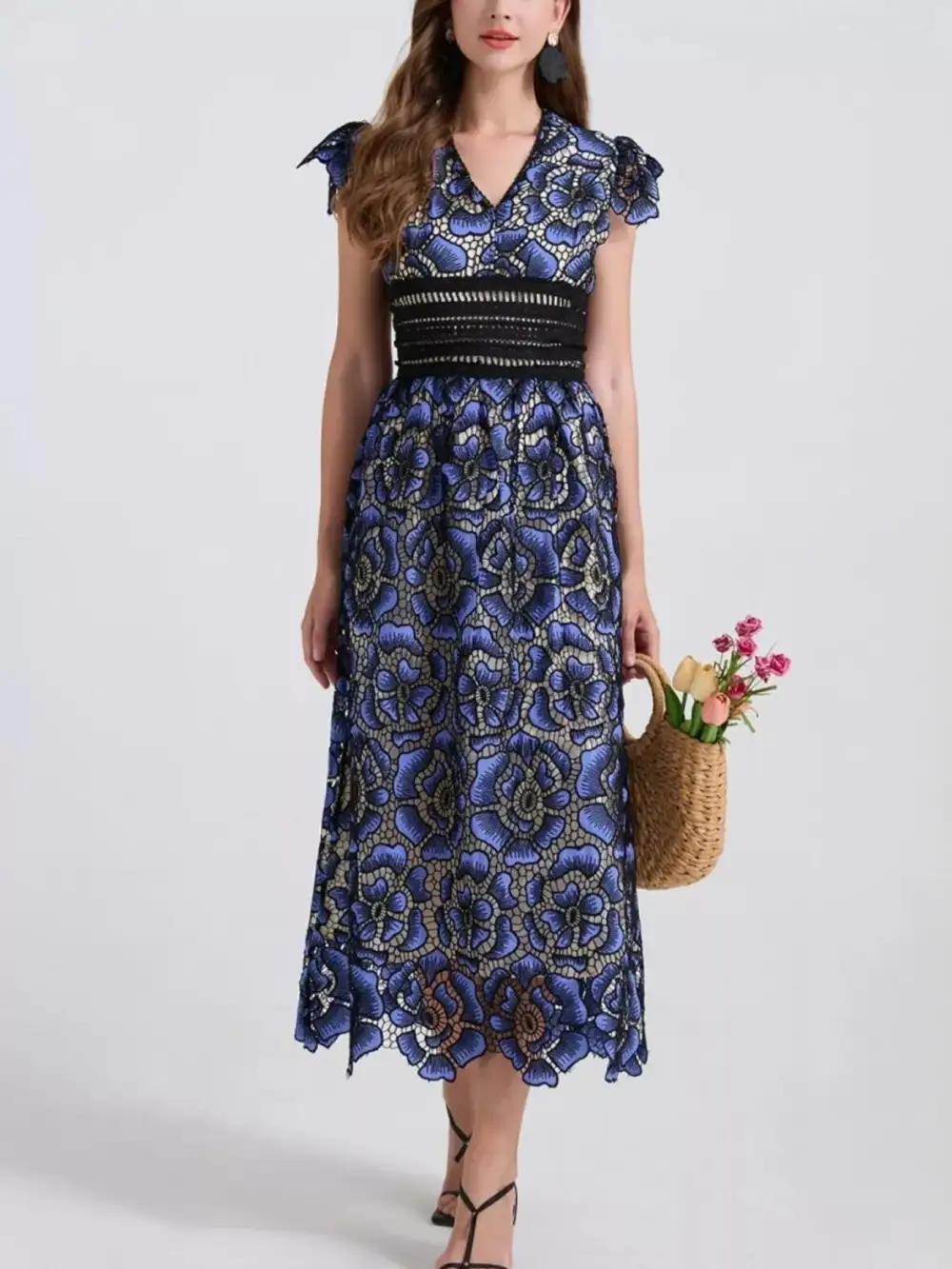V-Neck Ruffle Sleeve Midi Dress