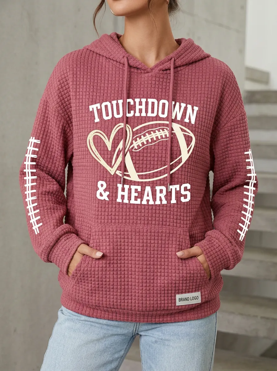 Women's Football Lover Touchdown & Hearts Printed Hoodie