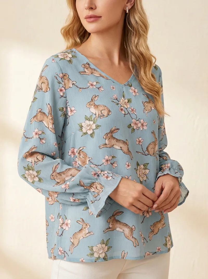 Rabbit Floral Women's Loose Printed T-Shirt