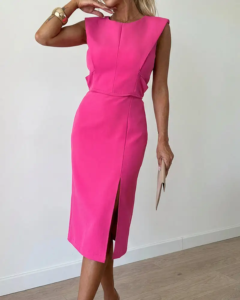 Elegant Sleeveless Slit Tailored Bodycon Fit Midi Dress