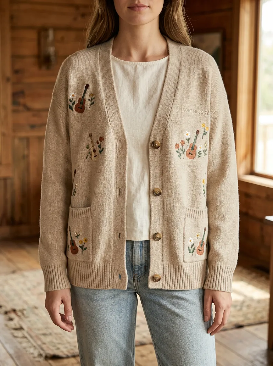 Guitar Embroidered Women's Country Music Casual Cardigan