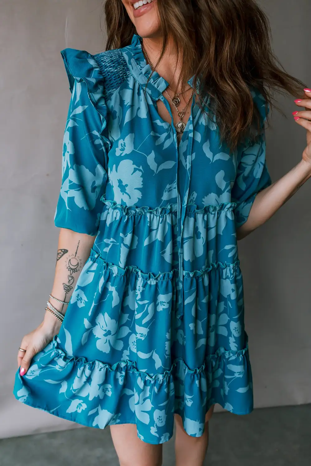 Ruffle Trim Tiered Tie Detail Mini Dress