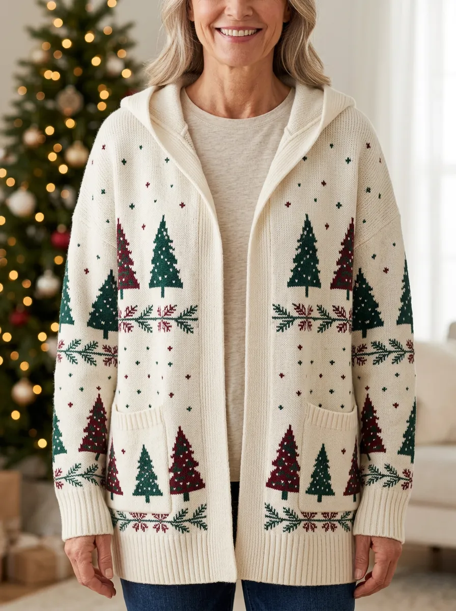Christmas Holiday Pine Tree Pattern Print Hooded Cardigan