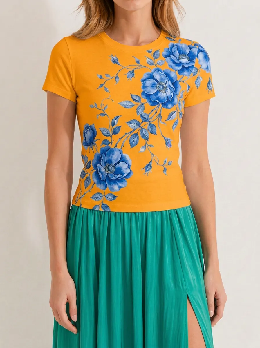 Women's Floral Lover Blue Rose Printed T-shirt