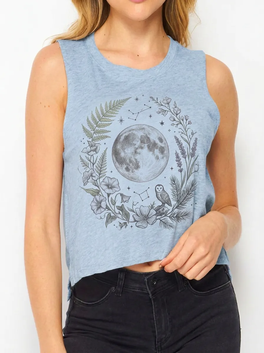 Women's Celestial Nature Lover Moon Owl Floral Printed Tank Top