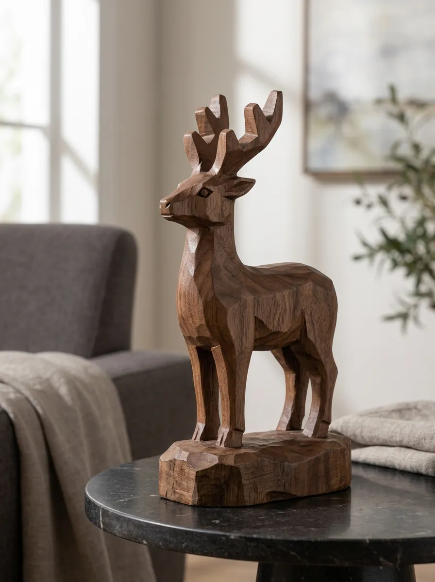 Home Decor Modern Rustic Geometric Carved Wooden Deer Figurine