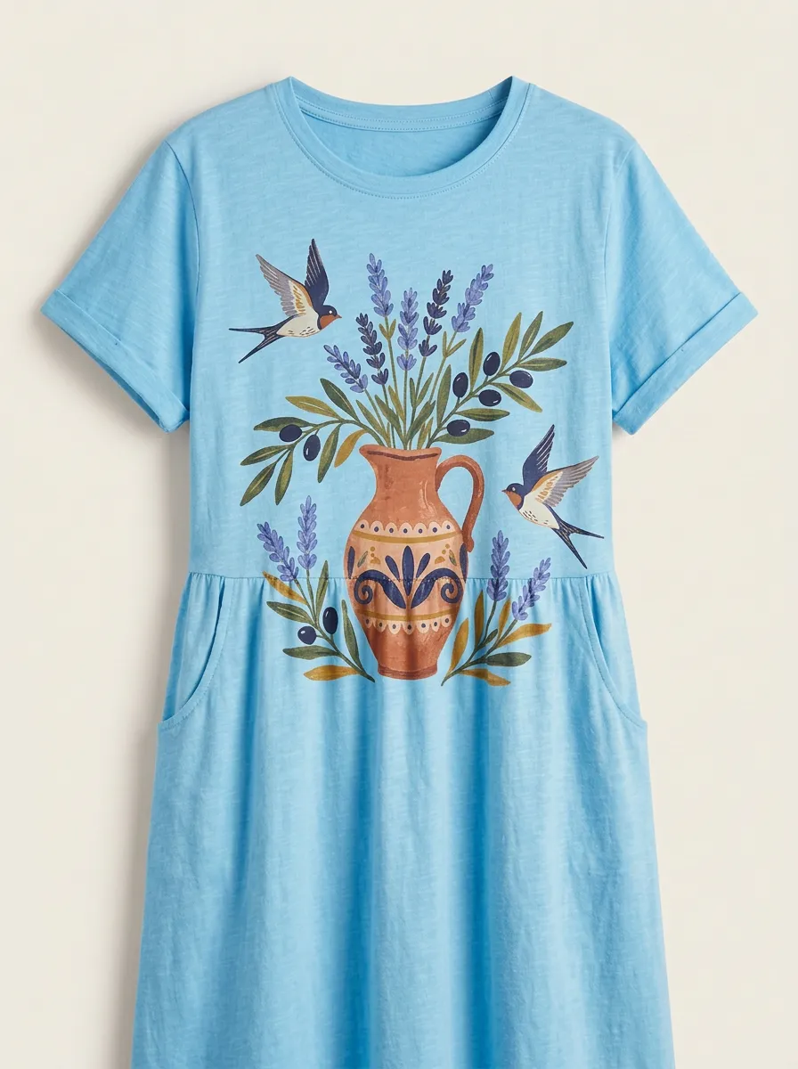Botanical Nature Lover Swallow Lavender Vase T-Shirt Dress
