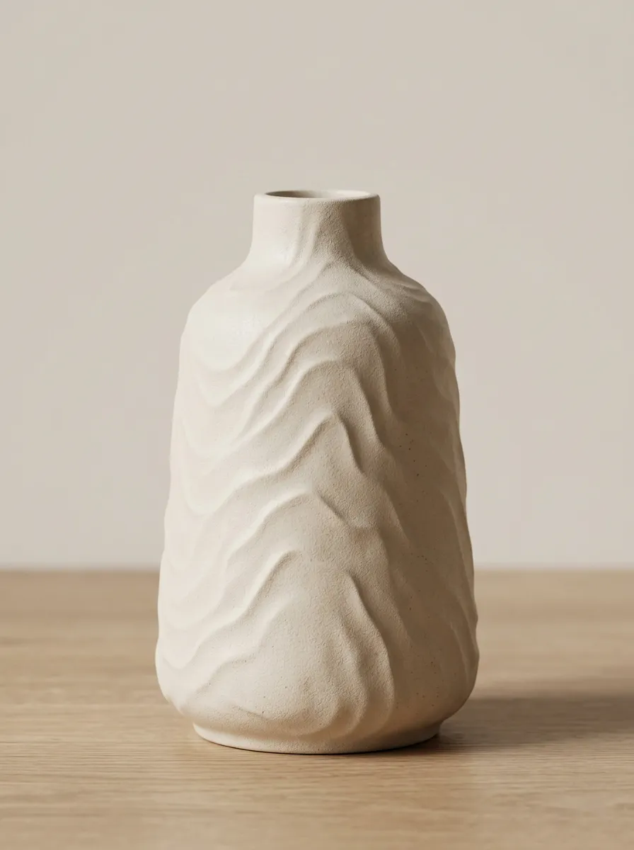 Contemporary Minimalist Wavy Textured Ceramic Table Vase