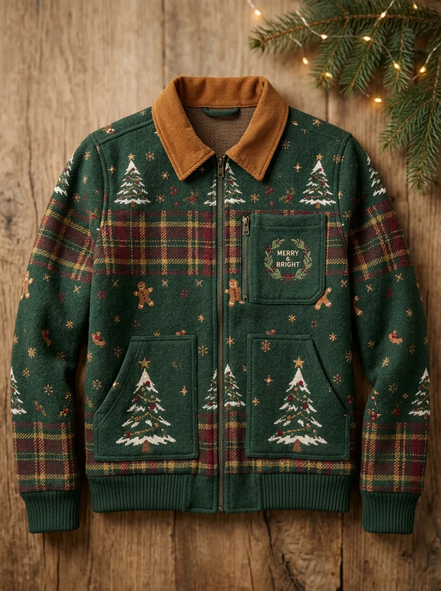 Unisex Christmas Tree Gingerbread Plaid Print Jacket