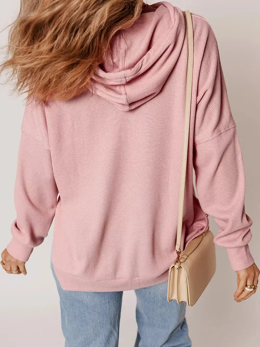 Drawstring Pocketed Oversized Waffle-Textured Hoodie
