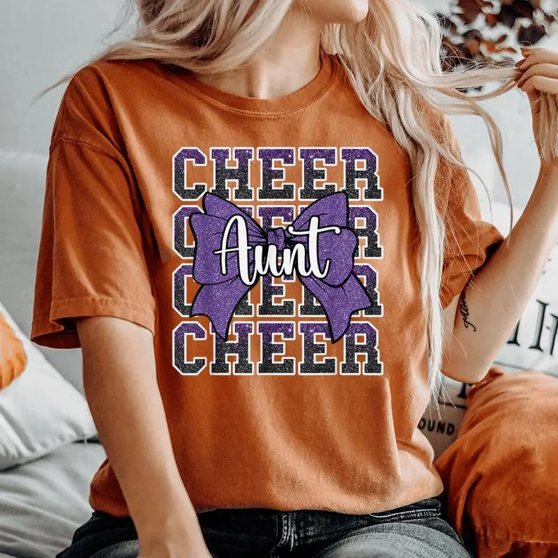 Cheer Aunt Auntie Bow Sport Cheerleader Cheerleading Purple Women's Oversized Comfort T-Shirt