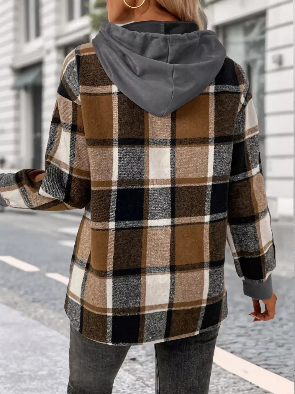 Relaxed Drawstring Long-Sleeve Plaid Hoodie