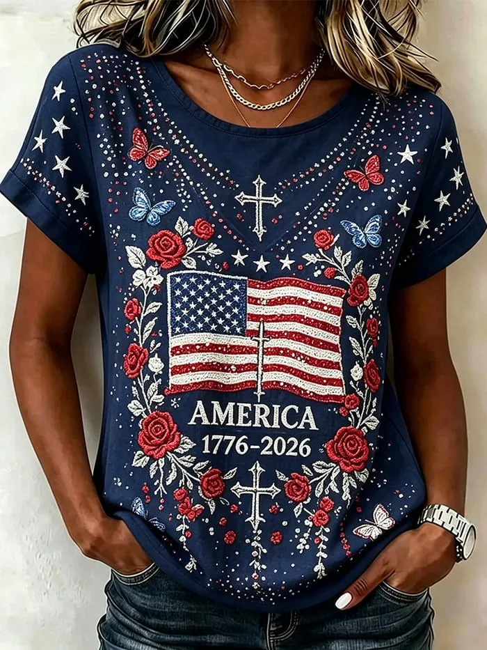 Women'S 250Th Anniversary Flag Rose Art Printed T-Shirt