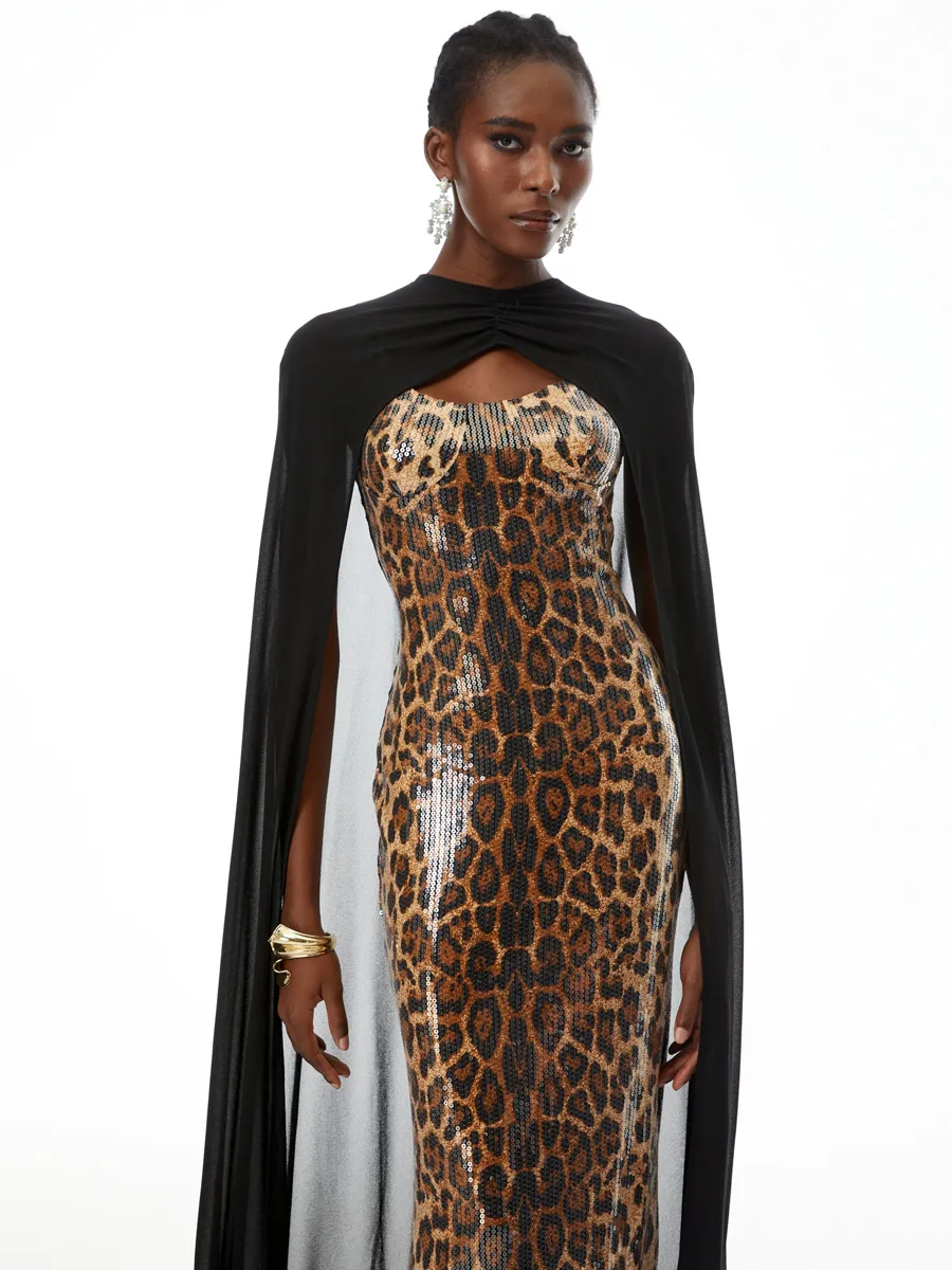 Harper Black Cape & Leopard Print Maxi Dress Set