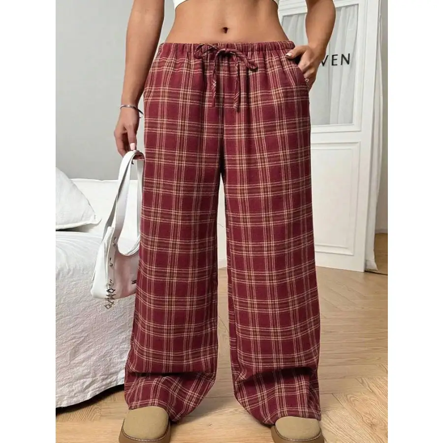 Classic Plaid Drawstring Wide Leg Pants