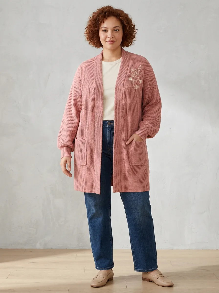 Pink Modern Floral Embroidered Knit Cardigan