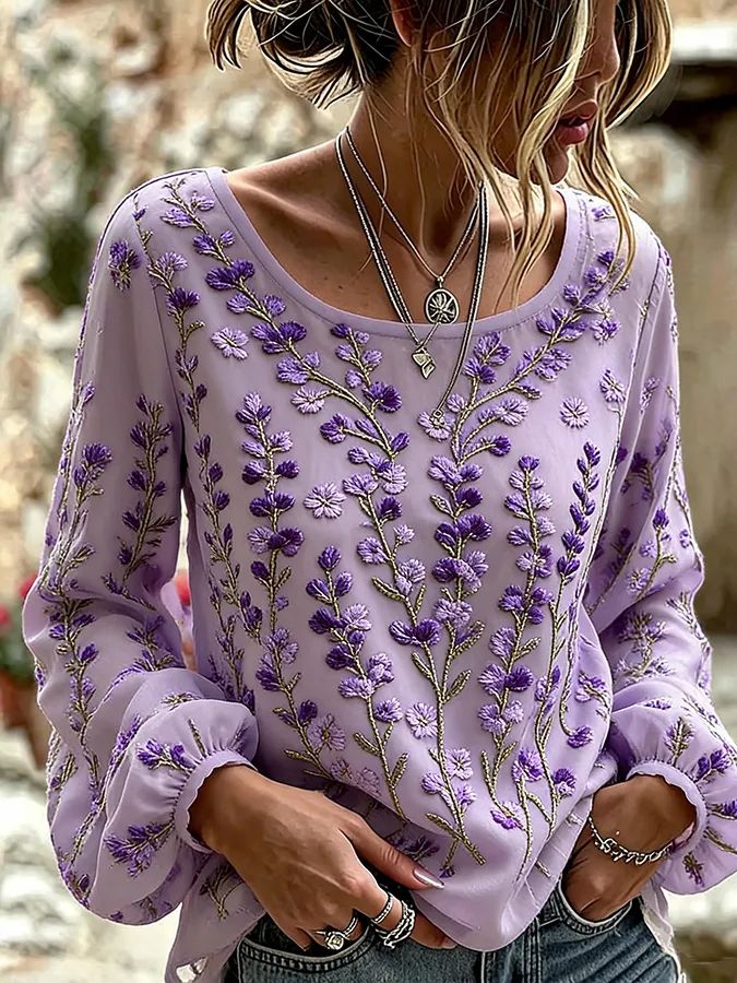 Women's printed purple artistic round neck shirt