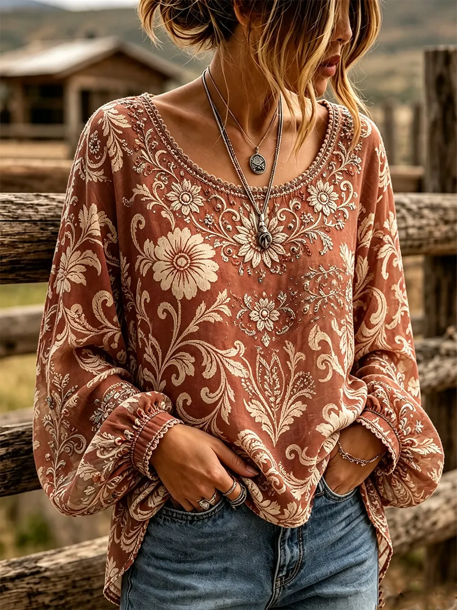 Women'S Floral Pattern Long Sleeved Linen Shirt