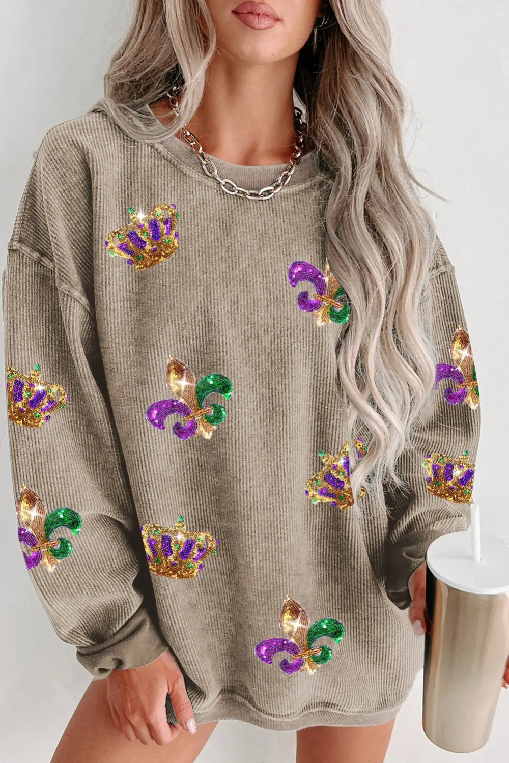 Carnival Sequin Crown Fleur De Lis Corded Sweatshirt