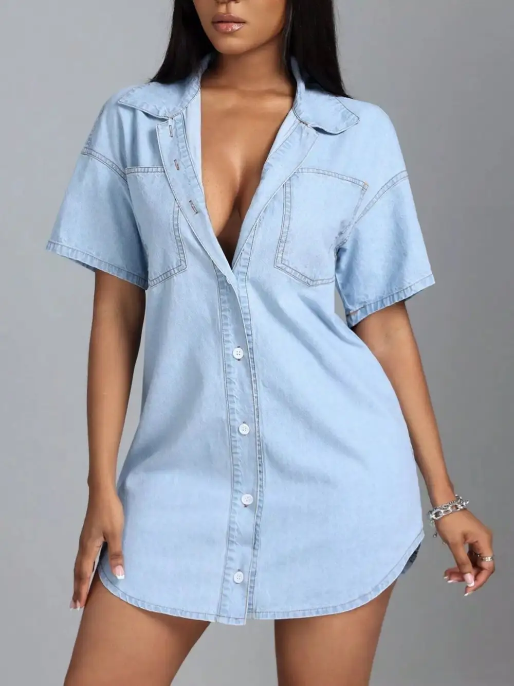 Classic Short-Sleeve Denim Casual Dress