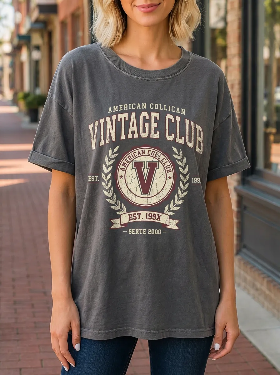 Women's Vintage Club Letter V Laurel Wreath Printed T-shirt